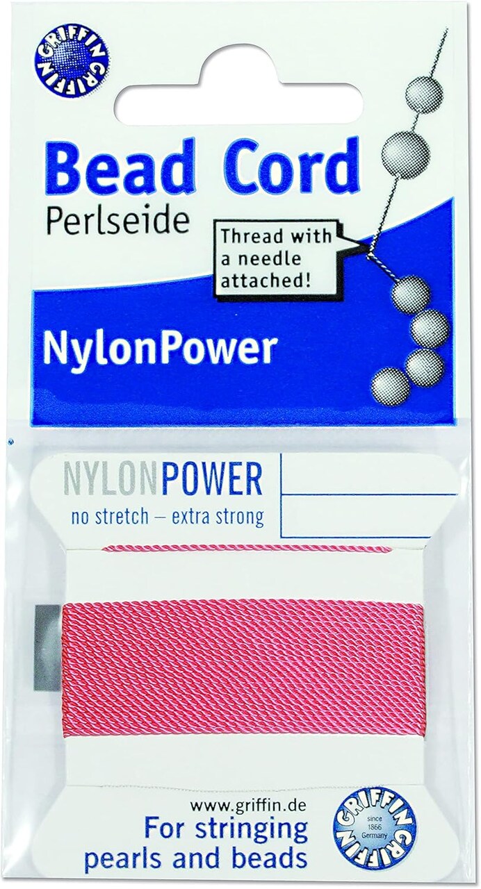 Griffin Nylon Bead Cord Perlseide – Size 2 (0.45mm) – 2 Meters per Card – Stainless Steel Needle Attached – for Knotting Pearls, Gemstones, Crystals and Beads